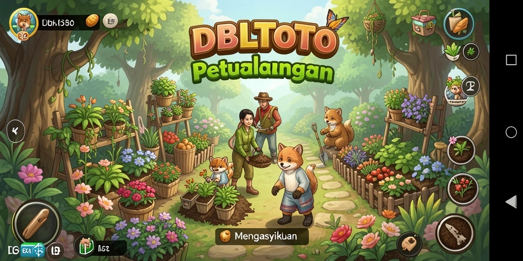 Screenshot permainan DBLTOTO yang menunjukkan aktivitas berkebun yang menyenangkan.
