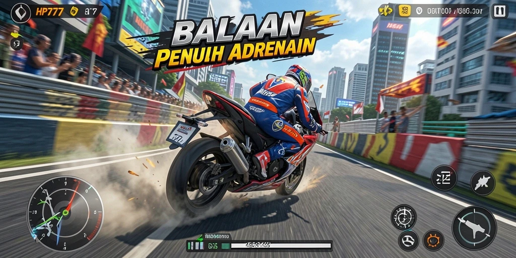 Screenshot gameplay HP777 menunjukkan aksi balapan motor yang mendebarkan.