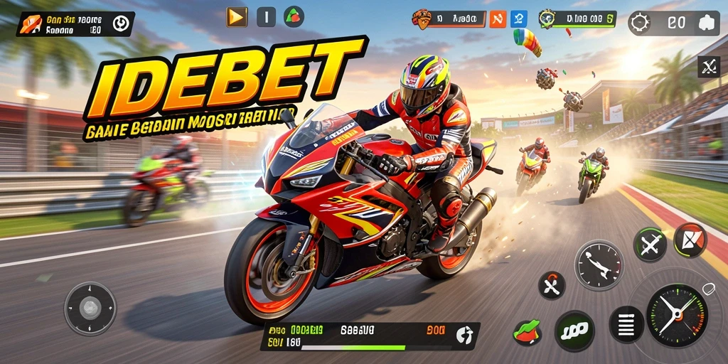 Screenshot IDEBET menampilkan aksi balapan motor yang mendebarkan.