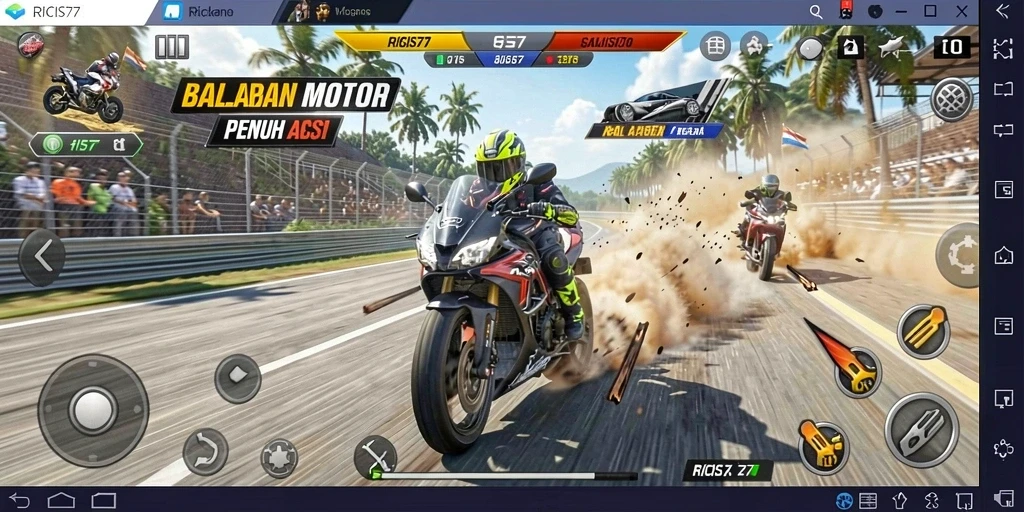 Screenshot gameplay RICIS77 menampilkan aksi balapan motor yang intens dan mendebarkan.